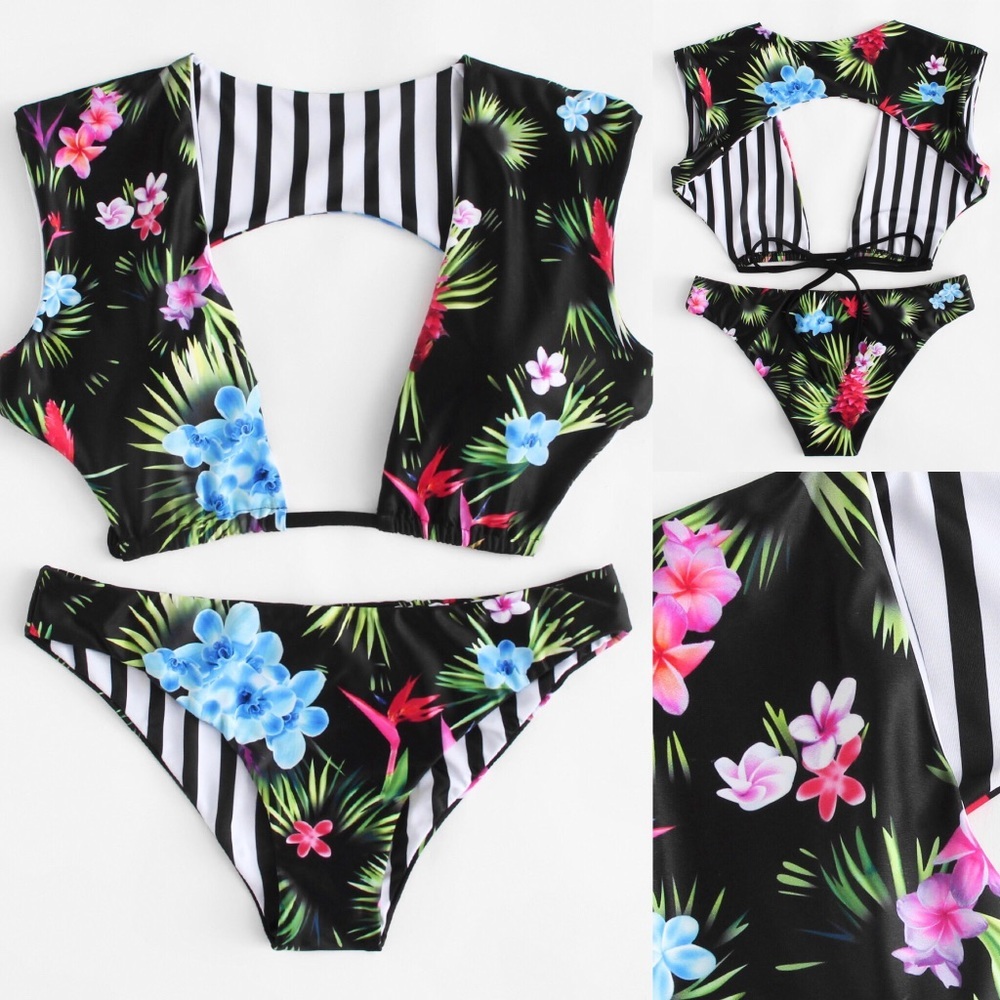 🆕GREAT FIT! Black w/ Tropical print 2piece bikini Lare